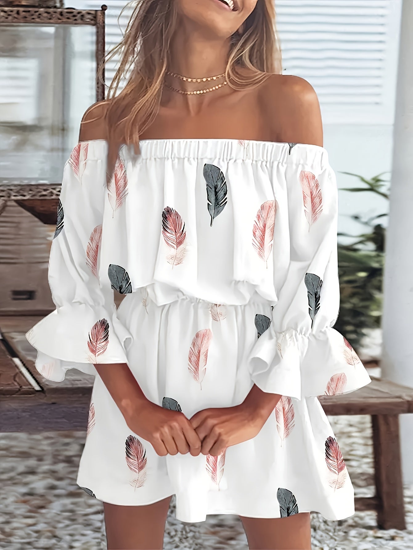 Print Dress for Women - Ruffle Trim, Half Sleeve, Stretchy Polyester Blend, Machine Washable