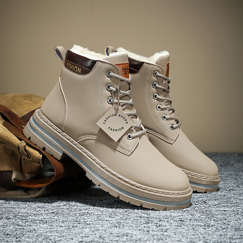 Men's Heavy-Duty Winter Snow Boots - Insulated & Slip-Resistant -like Upper, Thermal Insulation & Cushioned Insole, Large Size Availability (Beige/Brown/Coffee) - All-Terrain Traction Tread, Round Toe & Lace-Up Closure for Hi