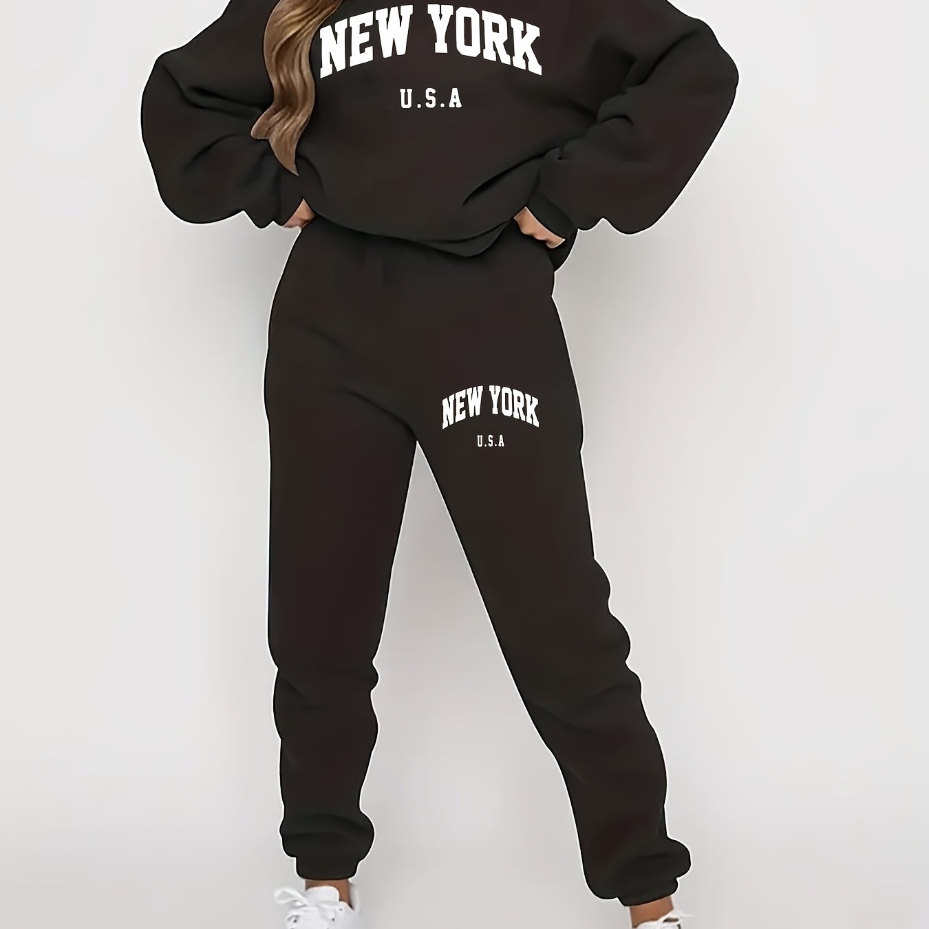FLS1021WN10 Hoodie with Fleece, European And American Women'S Autumn And Winter Fashion, Printed Casual Sports Two-Piece Set.