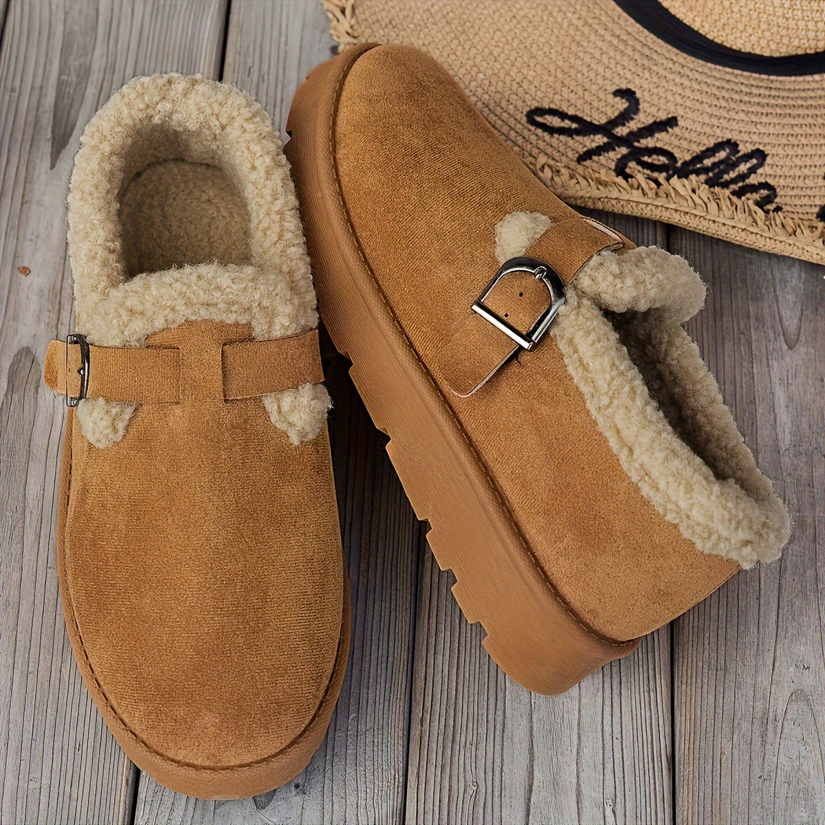 Women'S Warm Fleece-Lined Ankle Slippers, Solid Color, Round Toe, Fabric Upper/Inner, Rubber Sole, Cozy Winter Footwear