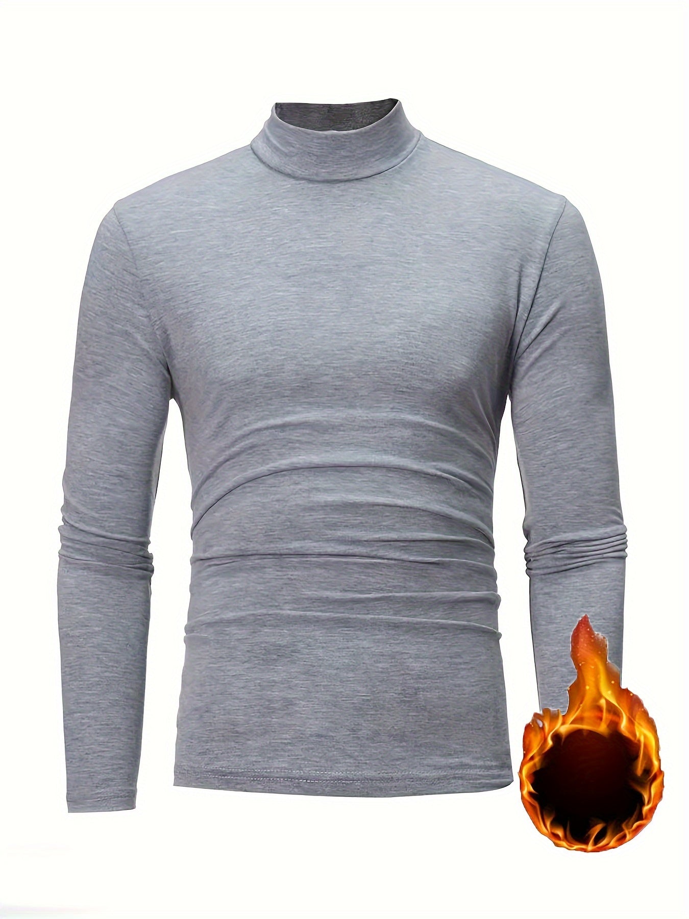 Men's Solid Long Sleeve Turtleneck Stretch T-shirt, Casual Comfy Warm Top For Fall Winter, Men's Clothing