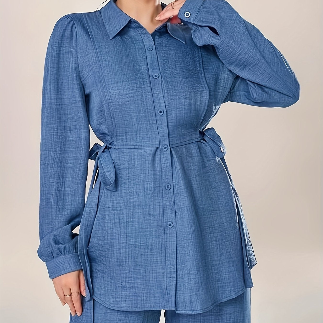 Women's Two-Piece Set with Front Buckle Long Sleeve Casual Top and Trousers