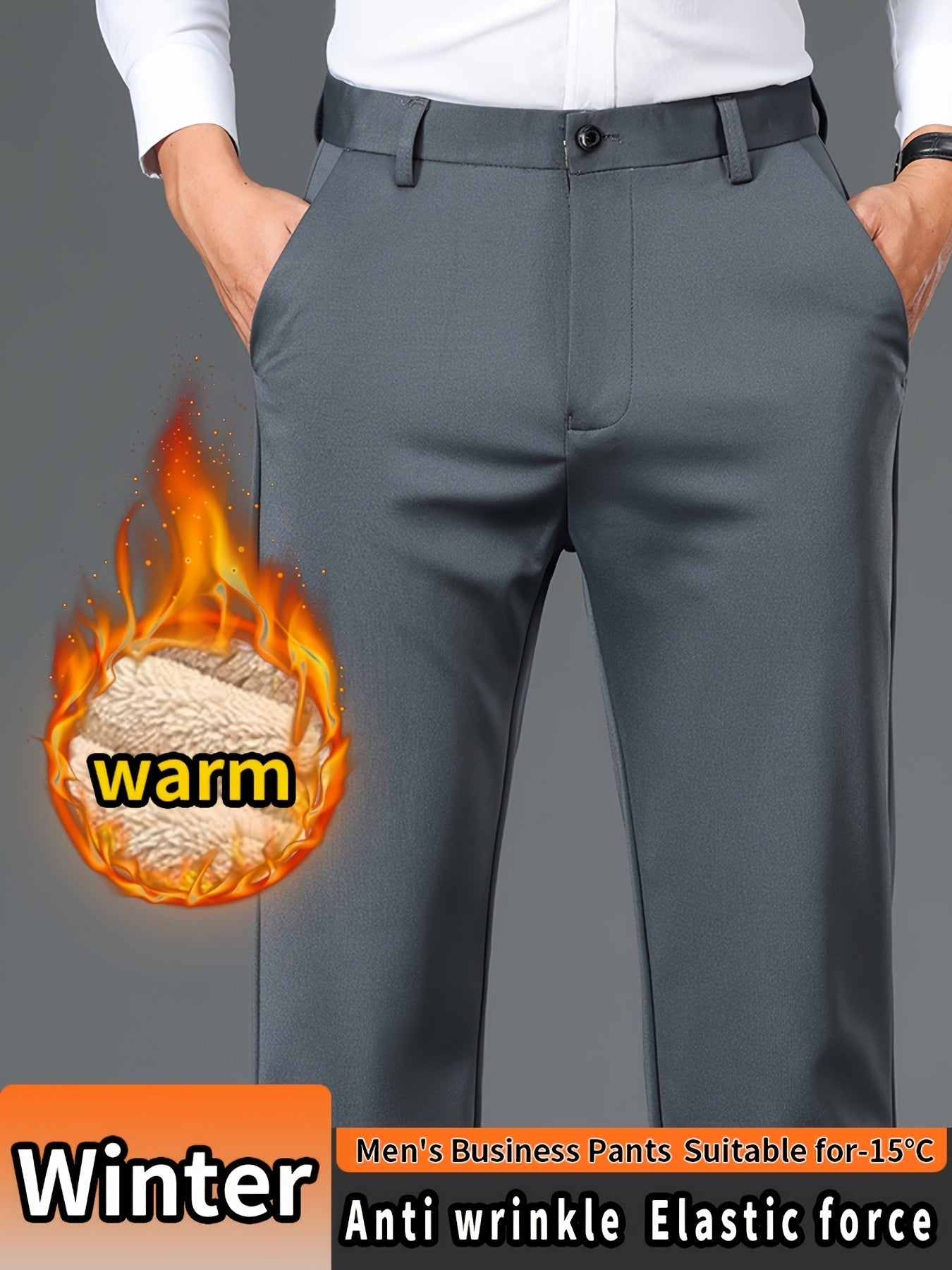 Men'S High Waist Solid Color Straight Leg Business Pants with Pocket Details, Polyester and Elastane Blend with Viscose Lining, Elastic Stretch, Zipper Fly Closure, Suitable for Fall/Winter Workwear