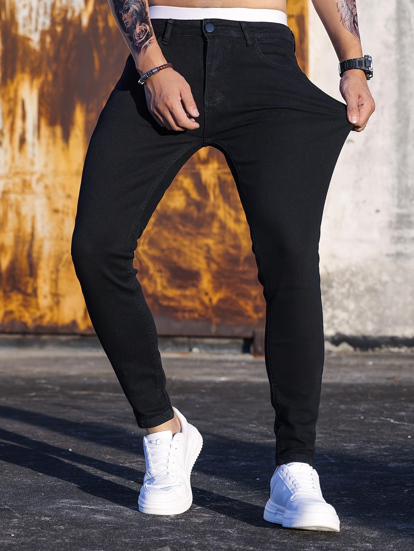 Men's Cotton Blend Casual Skinny Jeans, Chic Street Style Medium Stretch Denim Pants