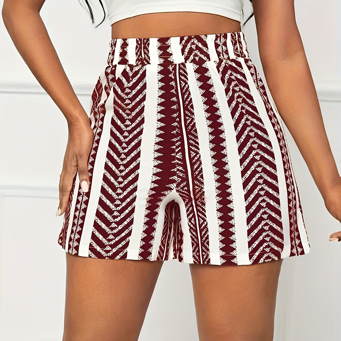 Women's Summer Striped Print Shorts - Vacation Elastic Waist, Lightweight Polyester Blend, Machine Washable, Maroon and White, Resort Fashion|Striped Pattern|Lightweight Fabric