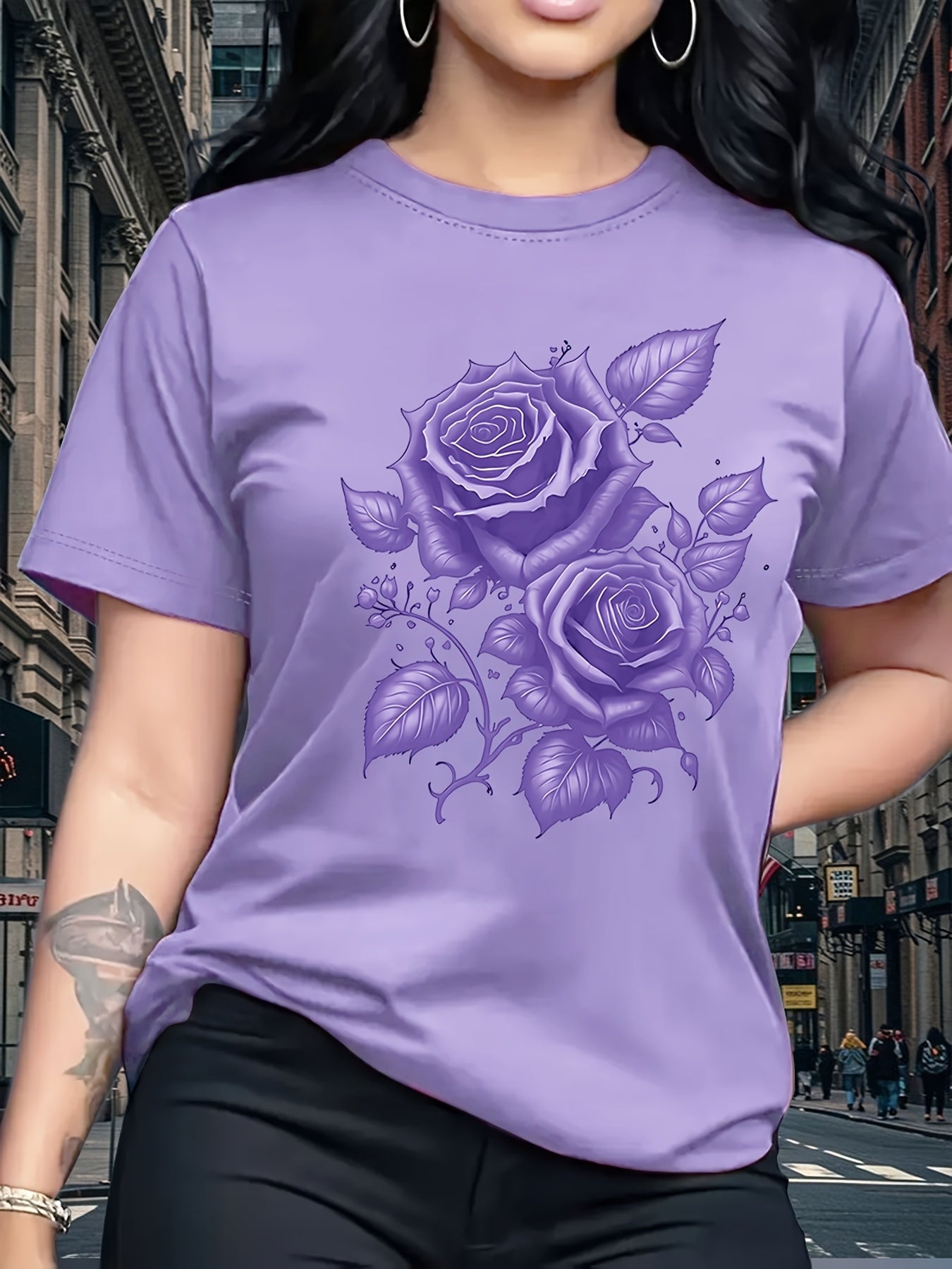 Women's Light Blue Yellow Rose Print T-Shirt - Short Sleeve Crew Neck Casual Top with Medium Stretch, Machine Washable & Breathable Fabric for All-Season Comfort, Relaxed Style, Graphic Tee, Stretchy Material, Printed Shirt,