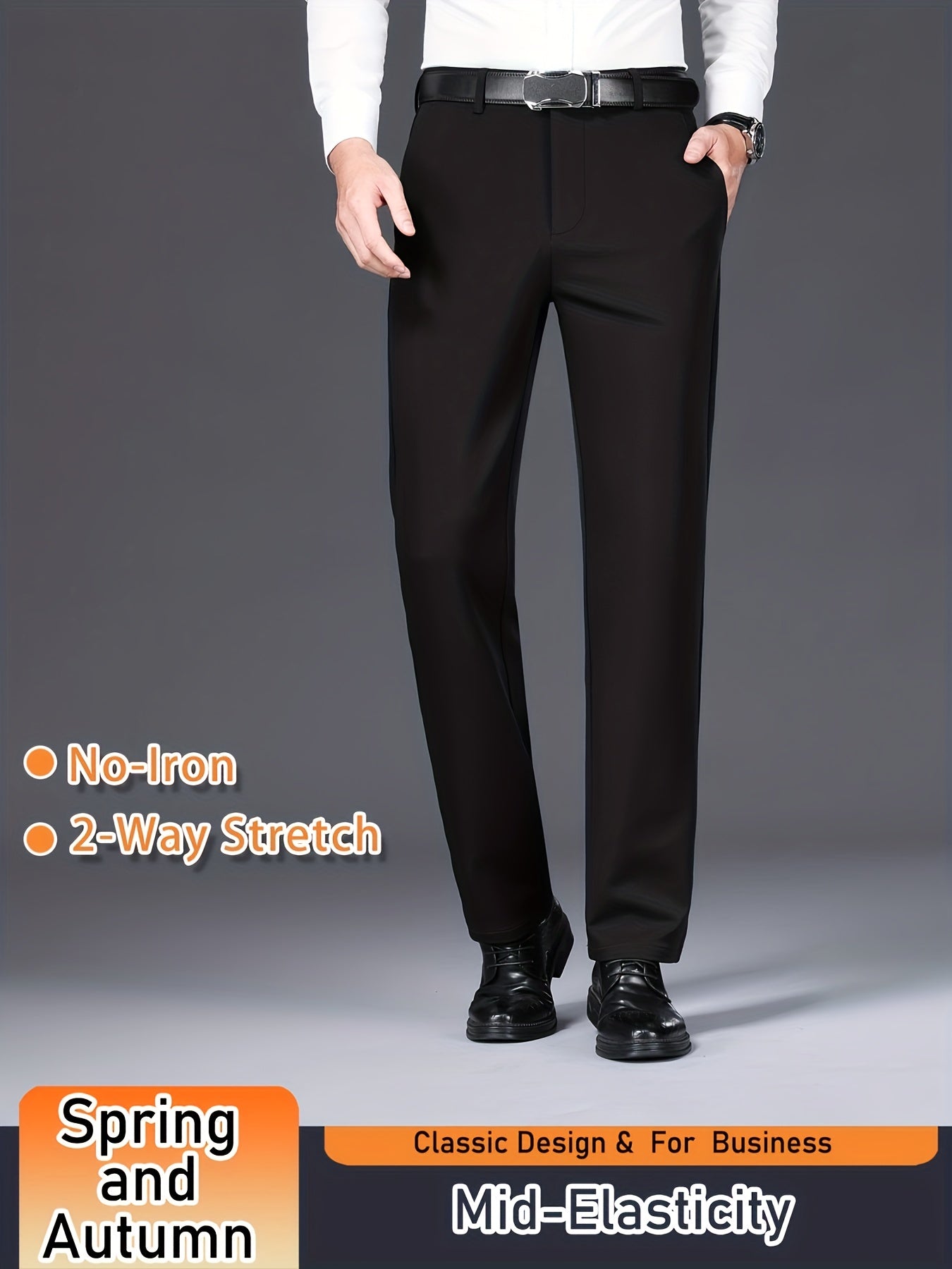 Men's Solid Color Dress Pants, Classic Design Slightly Stretch Formal Dress Pants For Business Occasions, Spring And Fall