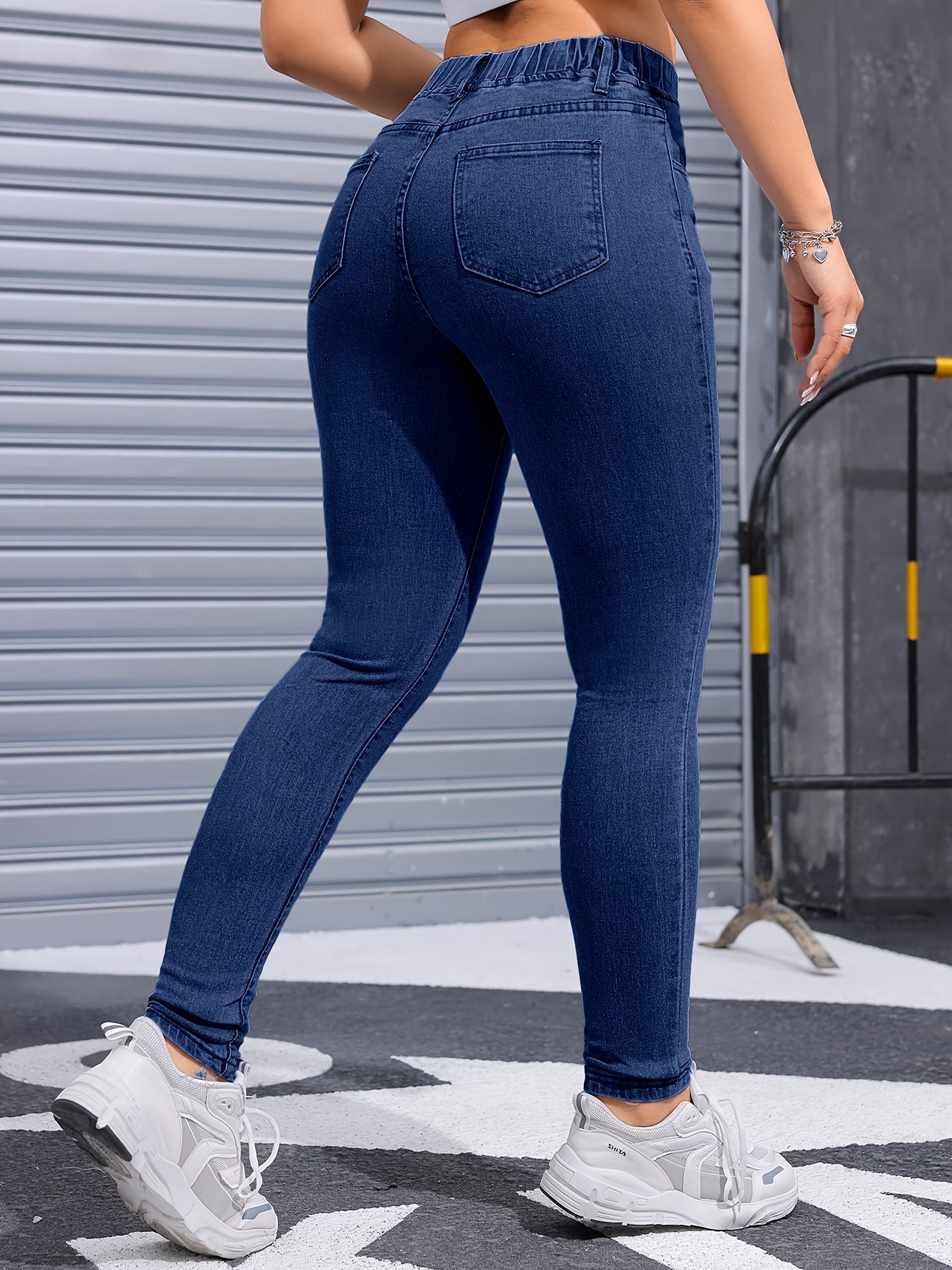 Women's Fashionable Dark Blue Skinny Jeans - Stretch Denim with Elastic Waistband, Comfortable and Elegant, Non-Transparent Blend
