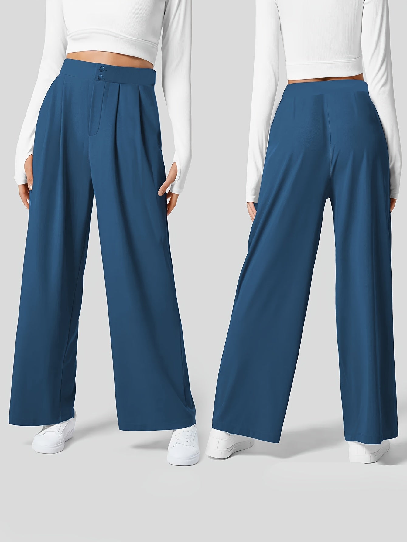 Solid Color Straight Leg Pants, Elegant High Waist Button Front Pants For Work & Office, Women's Clothing