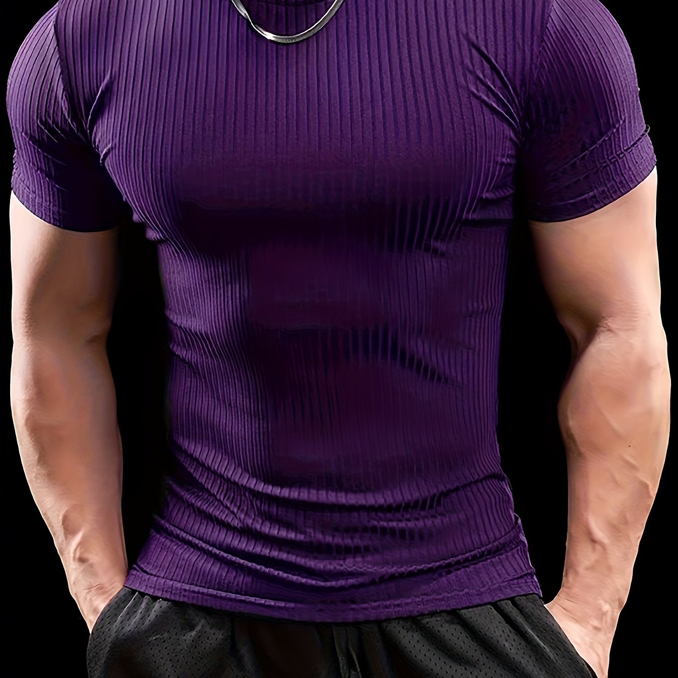 Men's Slim Fit Ribbed Short Sleeve T-Shirt - Stretchy Athletic Casual Wear, Green, Round Neck, Machine Washable, Muscle-Enhancing Design, Gym Shirts