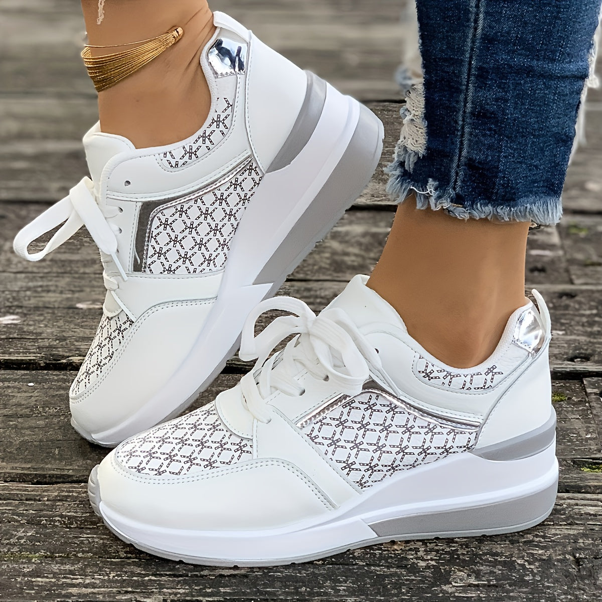 Women'S Plus Size Casual Sneakers - White Synthetic Cover Low-Top Lace-Up Shoes with Golden-Tone Accents, EVA Sole Breathable Fabric Lining for Summer Comfort, Ladies Sneakers, Comfortable Footwear, Durable Footwear