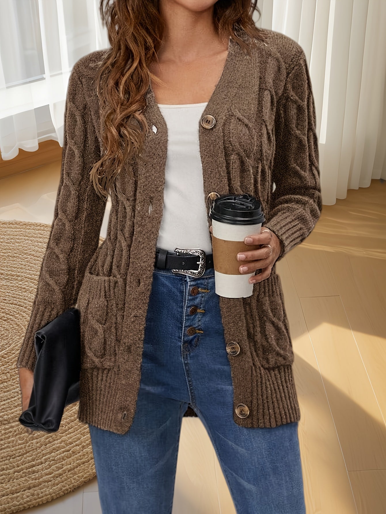 Elegant Women's Cable-Knit Cardigan - Cozy Button-Up V-Neck Sweater Jacket with Pockets, Long Sleeves in Heather Gray, 100% Polyester, Machine Washable for Fall/Winter