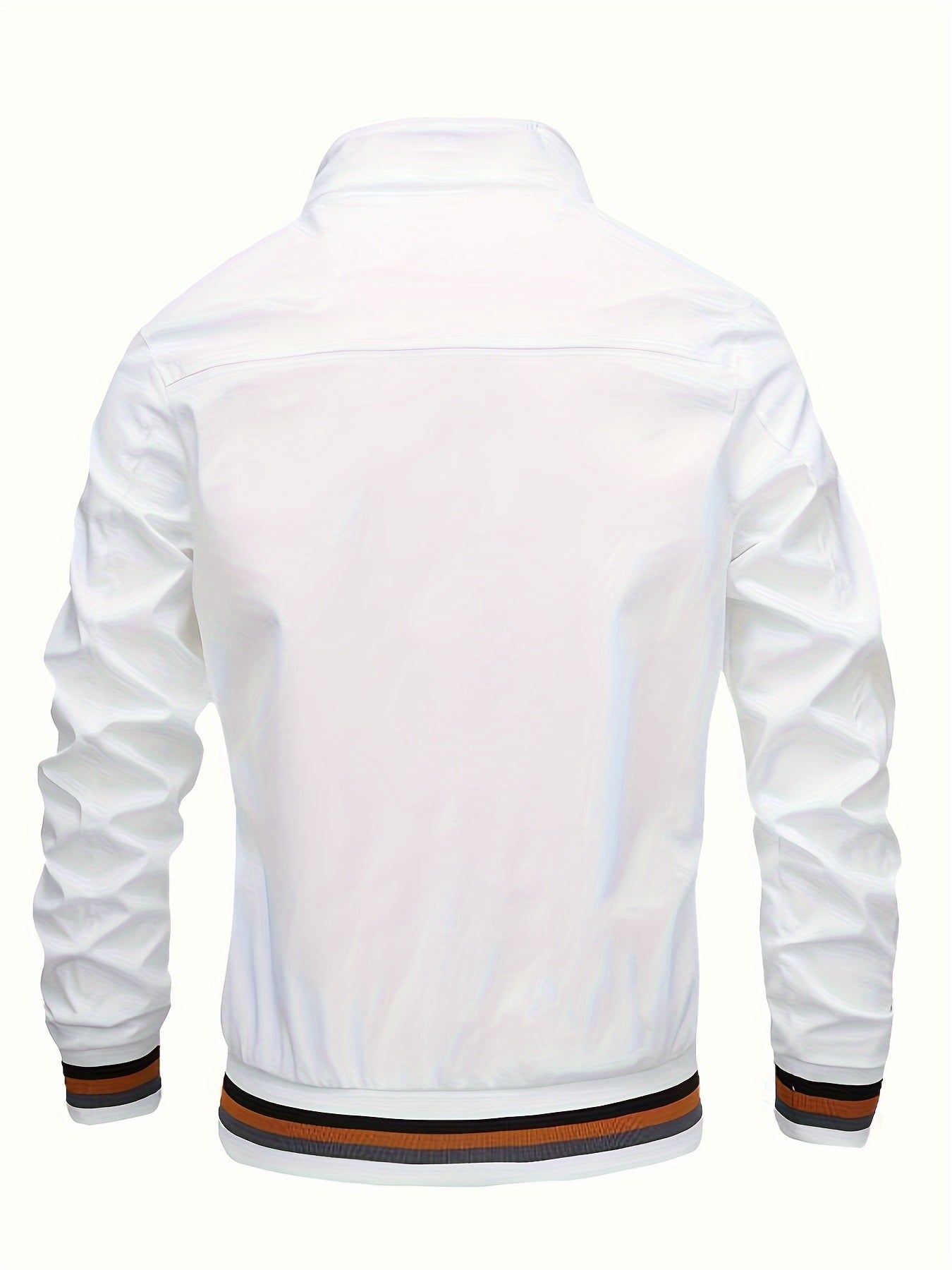 Lightweight And Trendy Men's Long Sleeve Zipper Jacket With Stand Collar, Pockets And Stripe Pattern Pieces, Suitable For Spring And Autumn Outdoors Activities