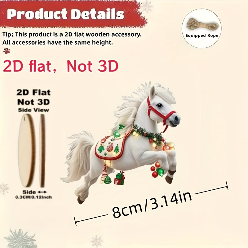 2D Flat, 10pcs White Horse Christmas Tree Ornaments - 2D Flat Hanging Decorations with Red & Green Harnesses, No Electricity Needed