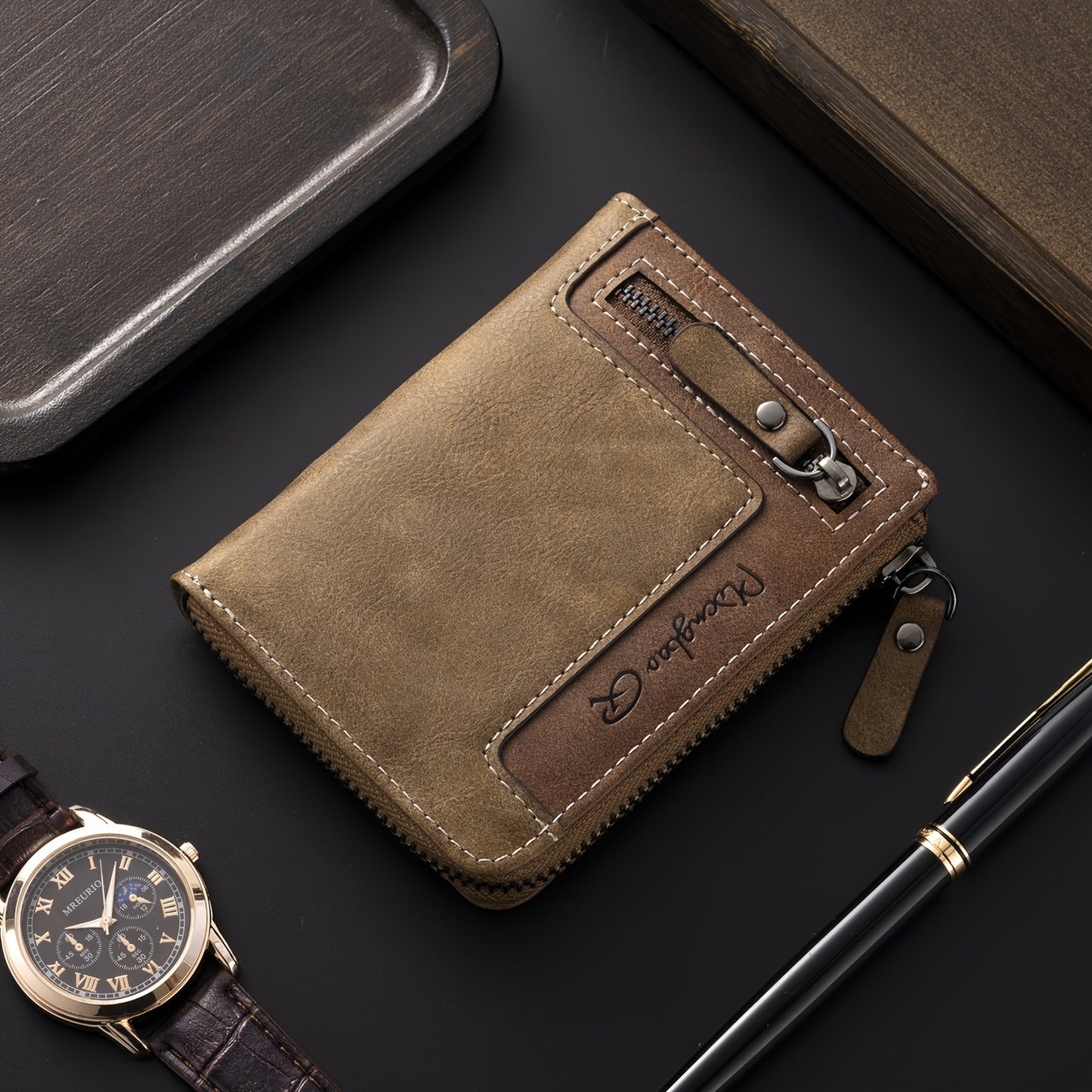 1pc Men's Retro Short Wallet, Multifunctional Fashion Zipper PU Leather Wallet, Ideal Gift For Men