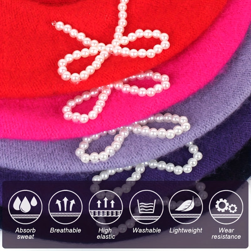 1pc Women's Wool Beret with Pearl Bow - Elegant, Breathable, and Stylish in Multiple Colors (Black, Brown, Gray, Beige, Purple, Pink) for Casual Attire