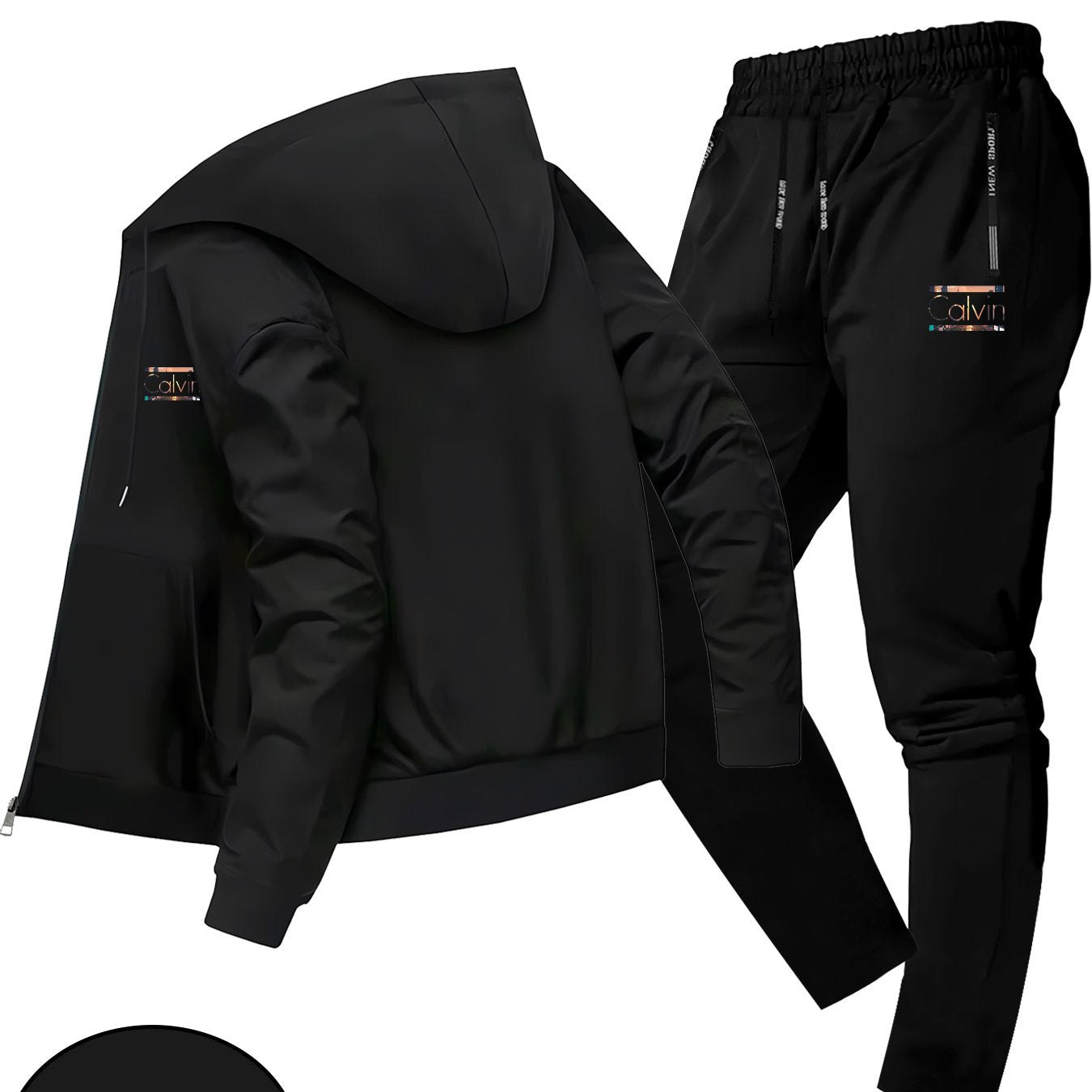 Men'S Trendy Fall/Winter Hooded Jacket Two-Piece Set Calvin Print, Casual Youth Casual Sports Jacket Set