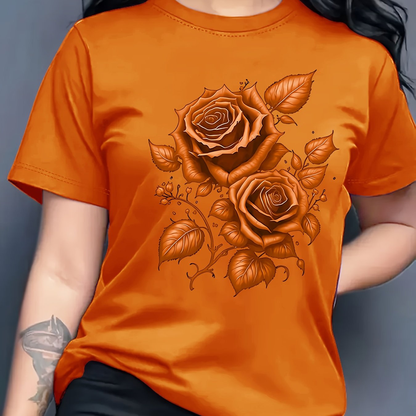 Women's Light Blue Yellow Rose Print T-Shirt - Short Sleeve Crew Neck Casual Top with Medium Stretch, Machine Washable & Breathable Fabric for All-Season Comfort, Relaxed Style, Graphic Tee, Stretchy Material, Printed Shirt,