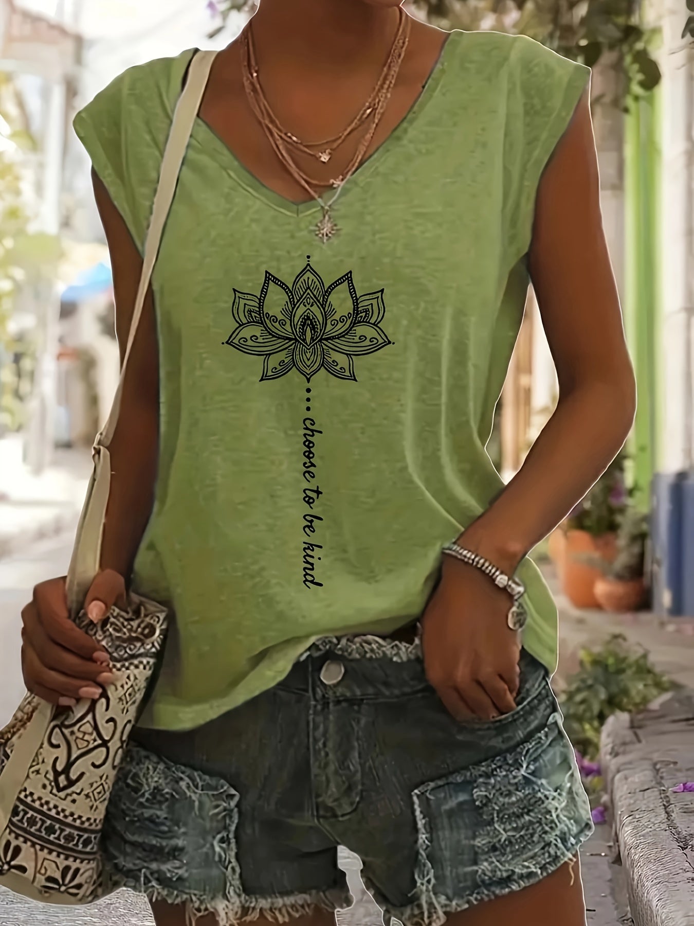 WISH Quick Deal: Ebye Spring/Summer 2024 - Women's Light Blue V-Neck T-Shirt with Inspirational for Lotus & Letter Print, Casual Loose Fit, Rayon Blend, Machine Washable
