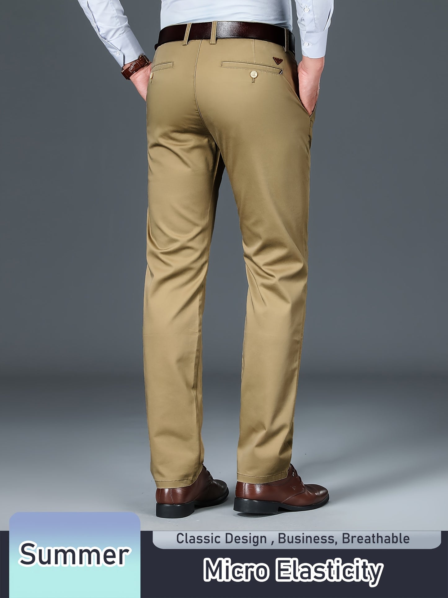 Men's Solid Pants With Pockets, Light Business Style Regular Fit Trousers For Outdoor Activities, Daily Wear For Spring And Autumn