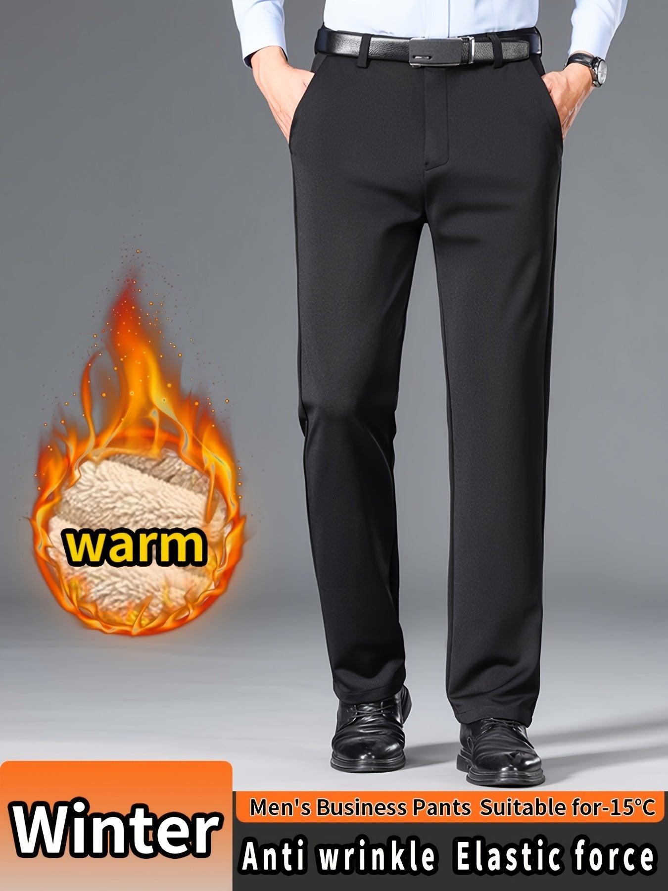 Men'S High Waist Solid Color Straight Leg Business Pants with Pocket Details, Polyester and Elastane Blend with Viscose Lining, Elastic Stretch, Zipper Fly Closure, Suitable for Fall/Winter Workwear