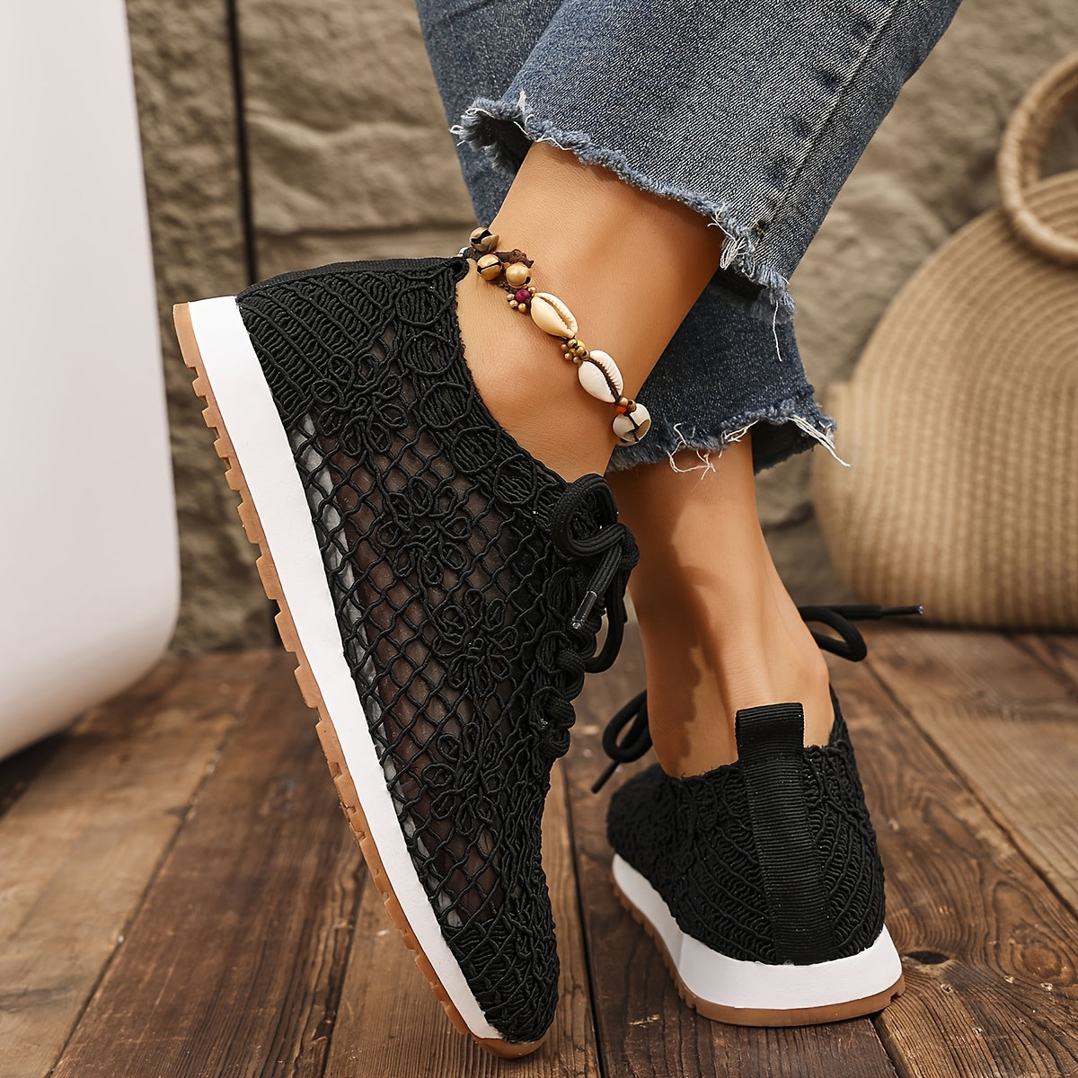 Women's Summer Solid Color Lace-Up Mesh Casual Shoes, Breathable Fabric with Rubber Sole, Net Fabric