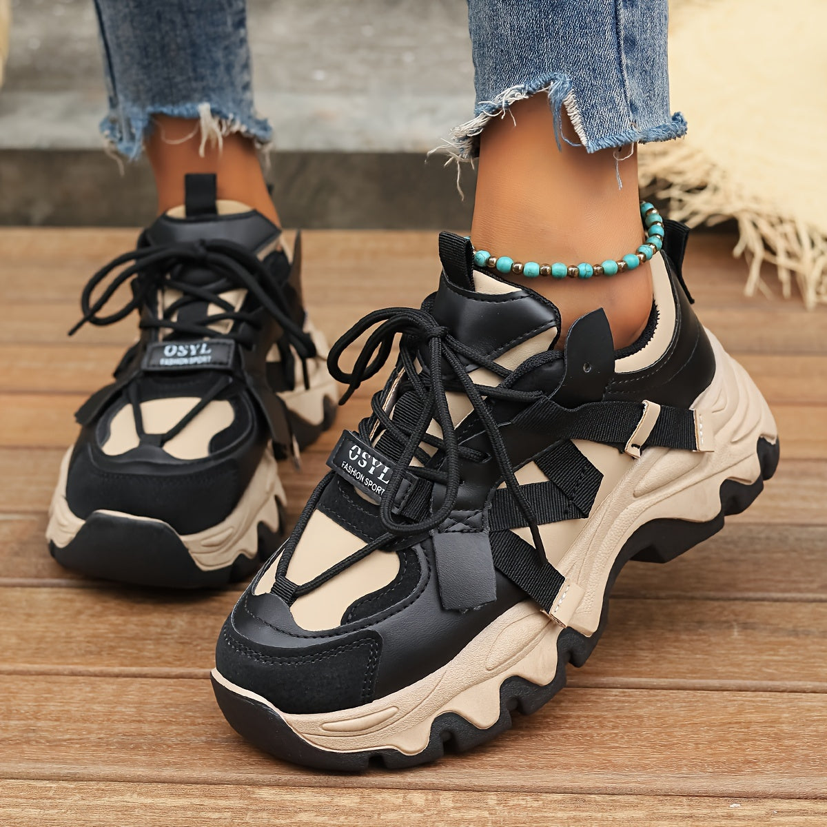 Women's Platform Sports Shoes, Two Tone Lace Up Height Increasing Chunky Sneakers, All-Match Walking Trainers