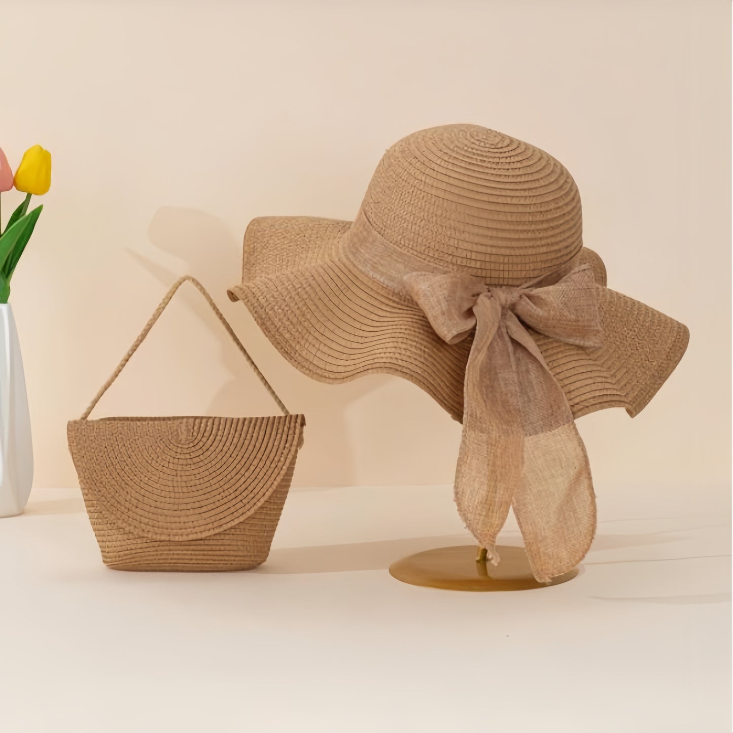 2pcs Women's Khaki Wave Beach Sun Hat & Woven Shoulder Bag Combo - Stylish Ruffled Brim Design, Lightweight & Breathable for Spring/Summer Beach Vacations and Outdoor Activities, Beach Accessories