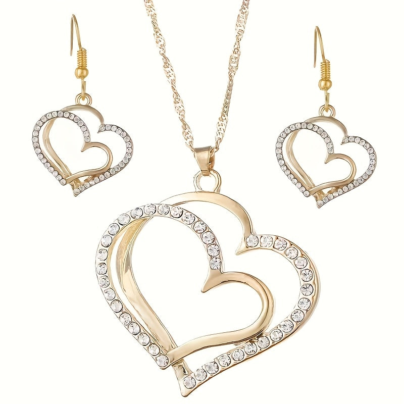 A Creative And Unique Jewelry Set Consisting Of 1 Pair Of Earrings And 1 Necklace, Featuring A Sparkling Heart-shaped Design With Shiny Rhinestones, Perfect For Accessorizing Daily Outfits Or Party Wear.