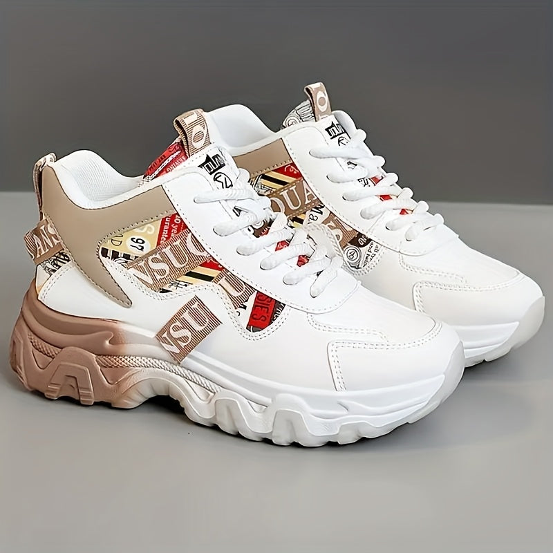 Women's Chunky Platform Sneakers - High-Top Lace-Up Shoes with Cushioned PVC Sole, Beige/White/, Synthetic Cover Upper - All-Season Outdoor, Casual, Office Shoes for Everyday Formal Outfits - Lightweight Thick Platform Foot