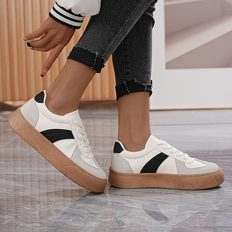 Women'S Striped Lace-Up Sneakers, Low Top Casual Shoes, All-Season Comfortable Lightweight Footwear, Plain Toe, Polyurethane Upper, Fabric Inner, Rubber Sole, Fabric Insole