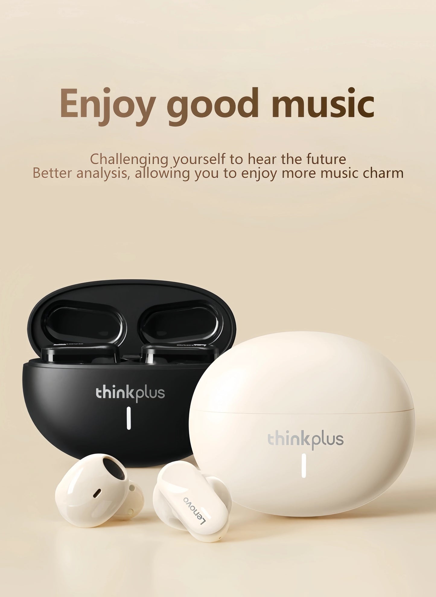 Lenovo ThinkPlus LP19 անլար ականջակալներ լիցքավորման պատյանով, Hi-Fi ձայնի որակ, անլար 5.0, վերալիցքավորվող USB-C, Smart համատեղելիություն, սպիտակ