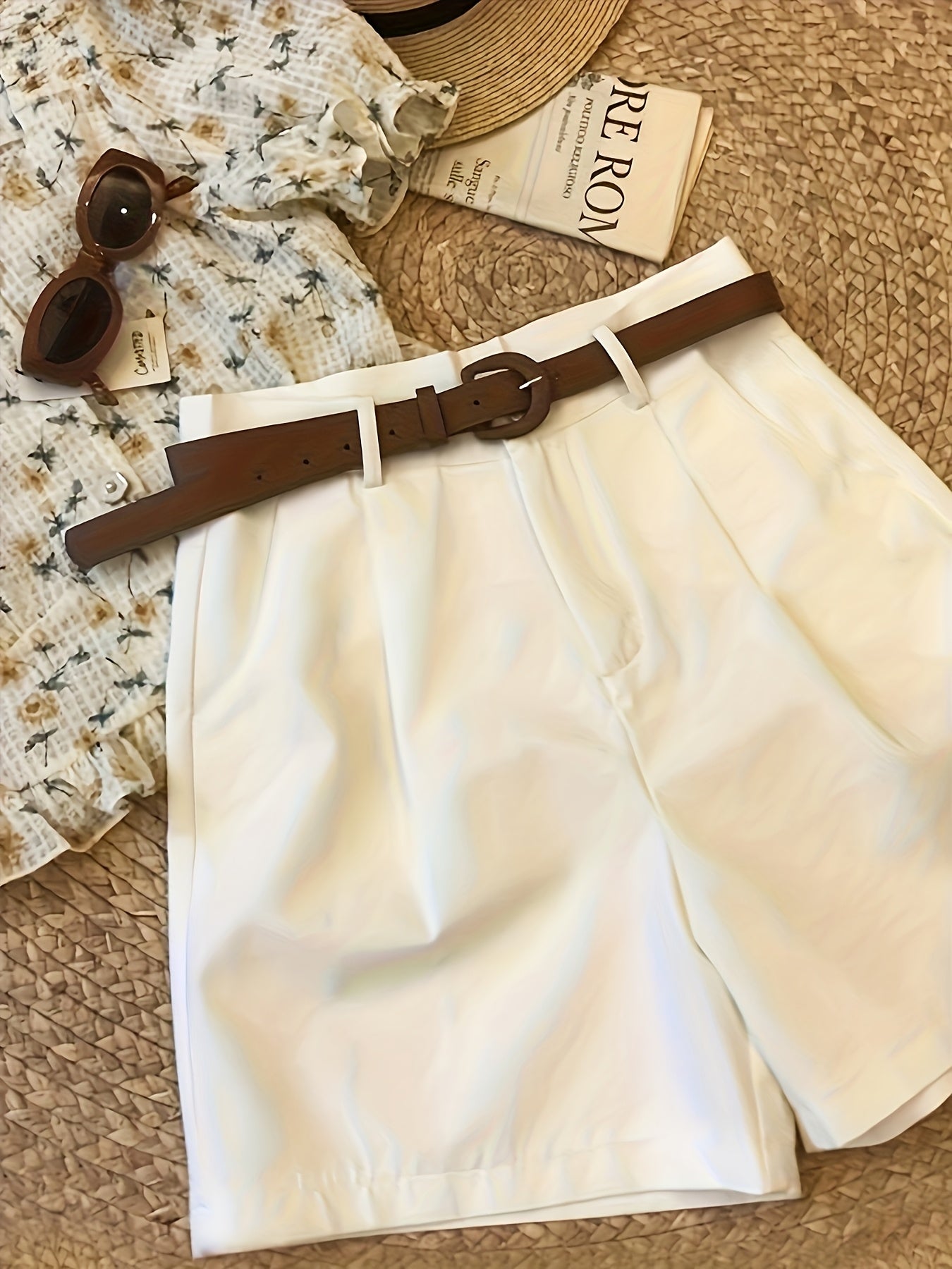 Women's Elegant White Wide Short Shorts with Diagonal Pocket