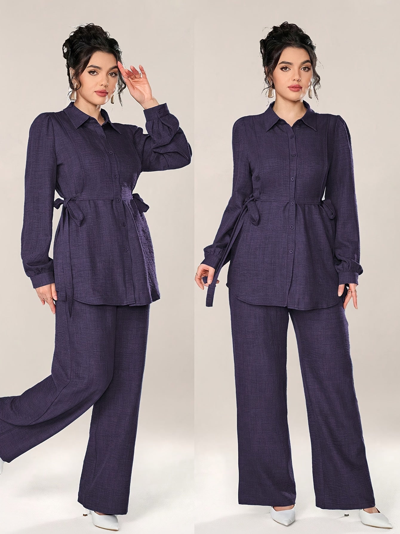 Stylish and Elegant Casual Two-Piece Women's Outfit with Side Tie Single-Breasted Shirt and Wide-Leg Pants for Office Wear