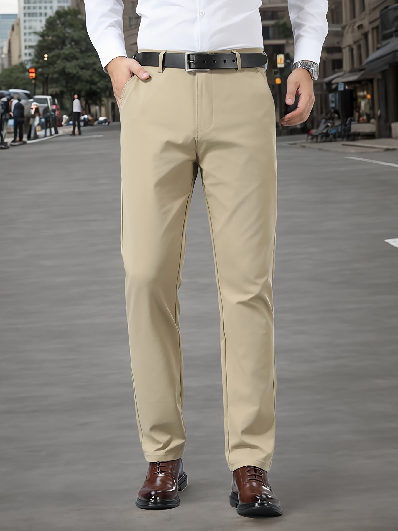 Men's Sleek Stretch Dress Pants - Solid Color Black, Comfort Fit with Subtle Stretch, Polyester Fabric, Mid-Rise, Machine Washable, Perfect for Business Casual & All-Season Wear, Business Casual Pants | Sleek Trousers | Easyc