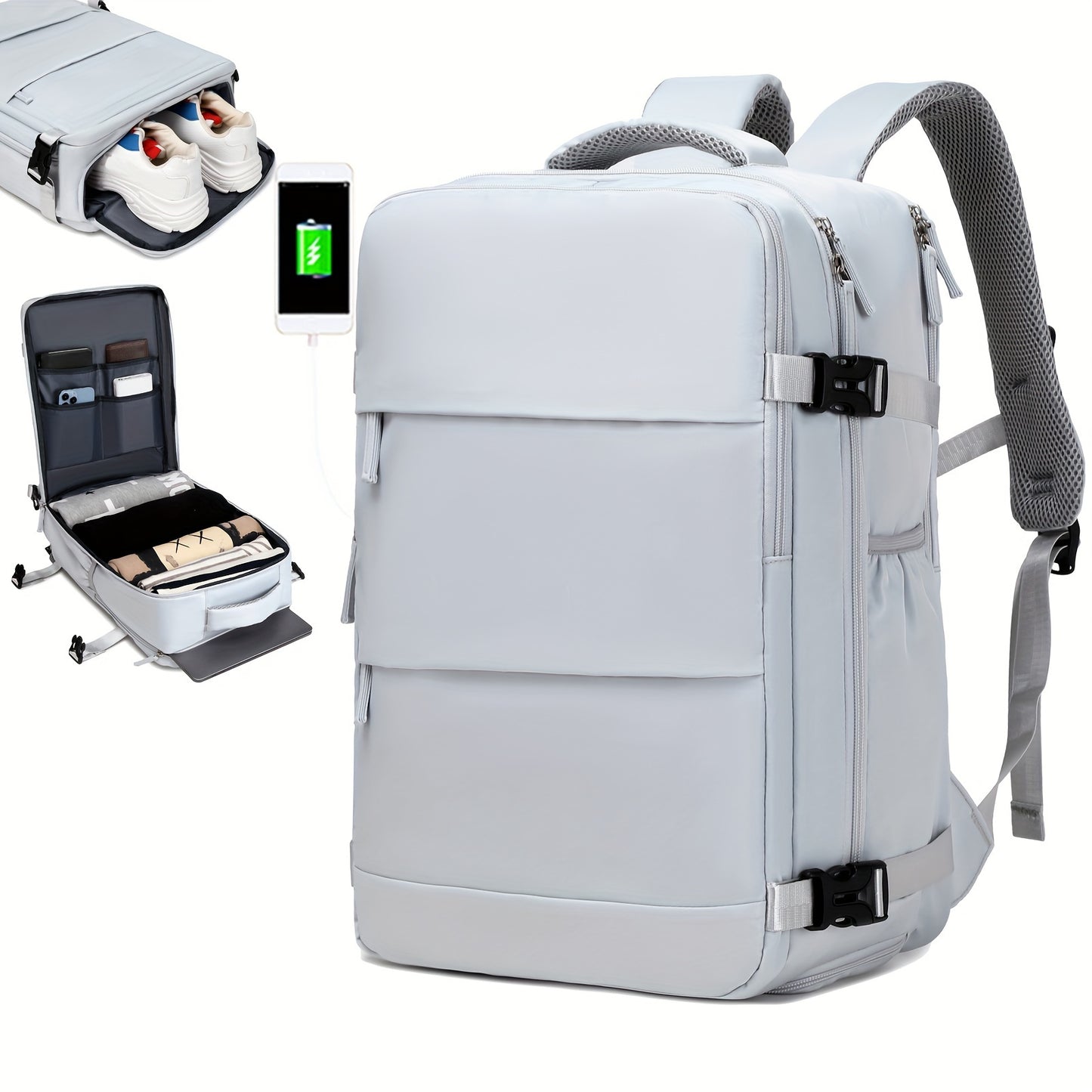 Women'S Travel Backpack, Flight Approved, Expandable Large Capacity Luggage Daypack, Business Weekend Bag with Shoe Compartment, Back to School Backpack, Solid Color, Polyester, Adjustable Strap, Zipper Closure, USB Powered,