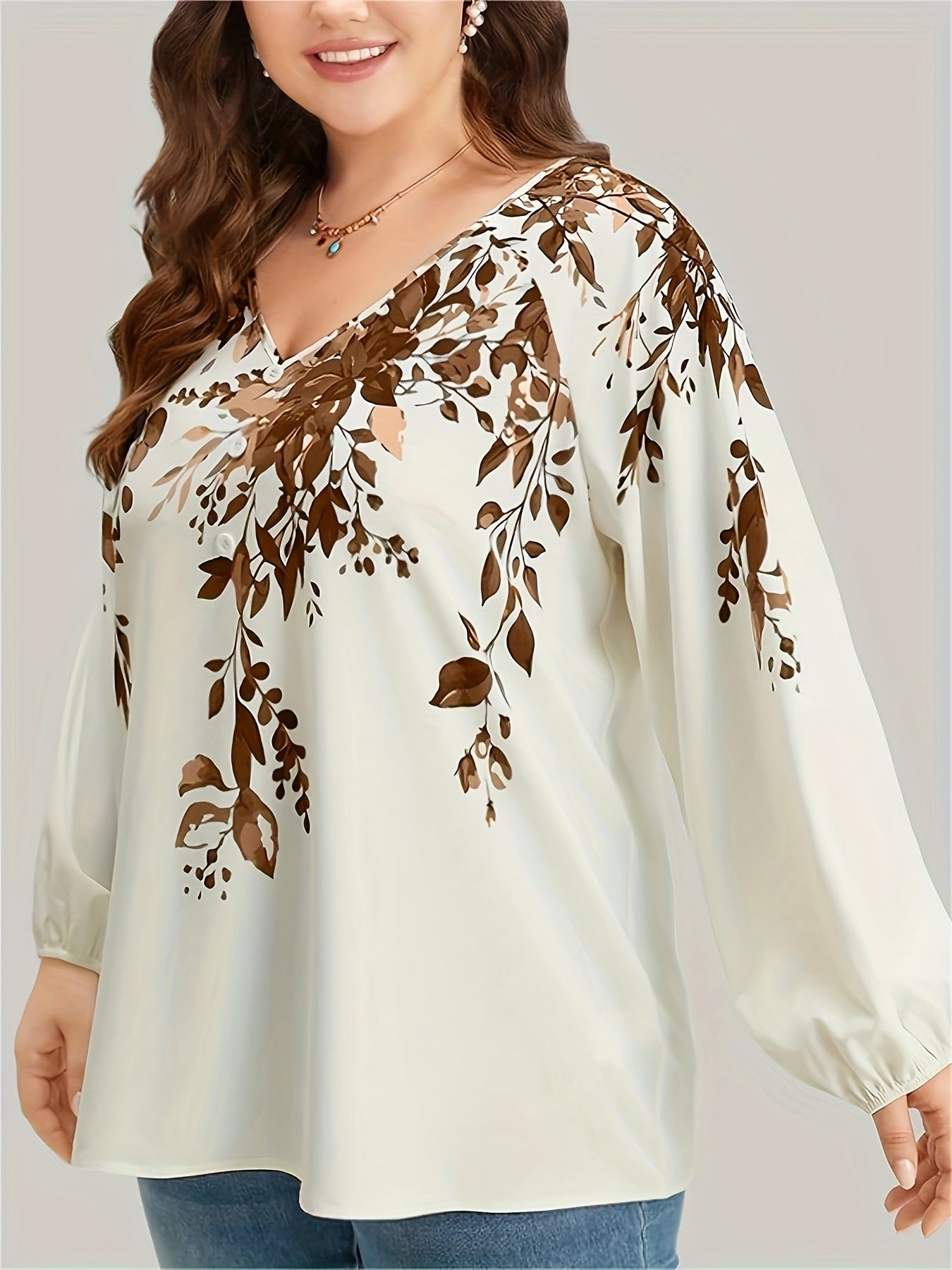 Plus Size Floral Print Blouse, Casual V Neck Long Sleeve Blouse For Spring, Women's Plus Size Clothing