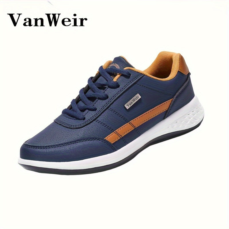 Casual Sneakers| VanWeir Men's Fashion Sneakers - Casual Lace-Up Shoes with PU Upper & MD Sole, Comfortable Fabric Insole, Versatile for All Seasons, Navy Blue with White & Orange Accents, VANWEIR