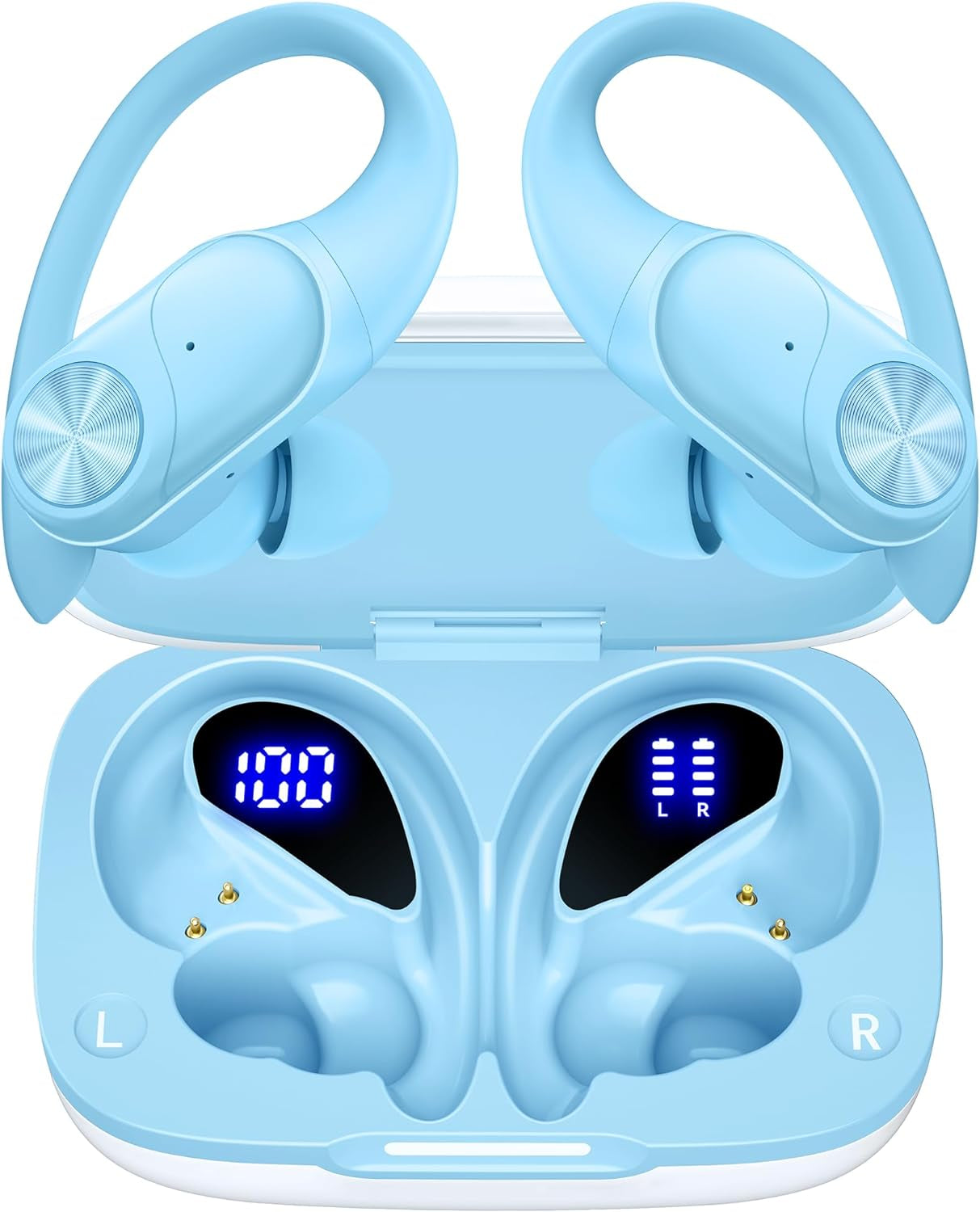 Pocbuds Bluetooth Headphones Wireless Earbuds 80Hrs Playtime Wireless Charging Case Digital Display Sports Ear Buds with Earhook Deep Bass IPX7 Waterproof Over-Ear Earphones for TV Phone Laptop Black