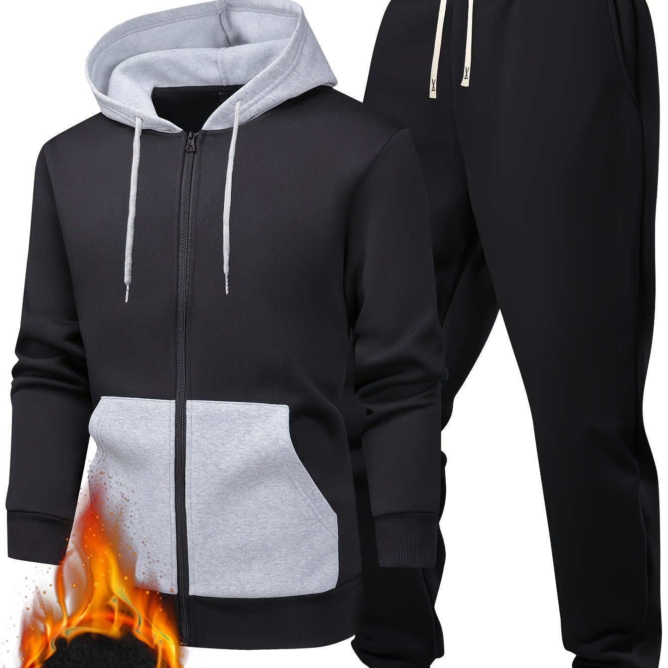 95% Polyester, 5% Spandex 2pcs Men's Set, -Lined Warm Casual Color-Block Zip-Up Sweatshirt with Pockets + Drawstring Pocket Elastic Waist Jogger Pants, 250g Men's Casual Sportswear Set, Global Four-Season Base Layer, Factory-