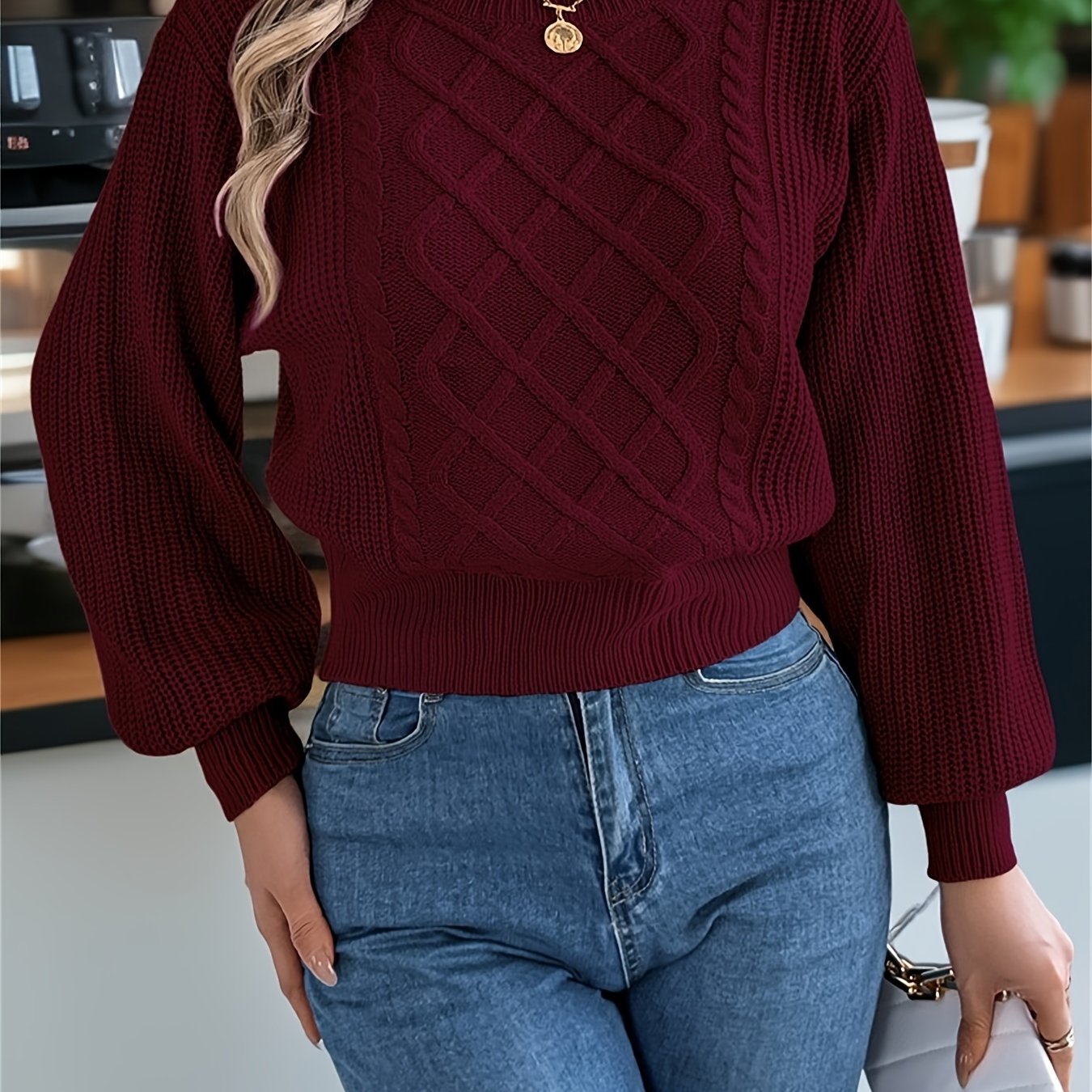 Elegant Cable Knit Sweater for Women - Casual Long Sleeve, Round Neck Pullover in Solid Color, Perfect for Fall/Winter