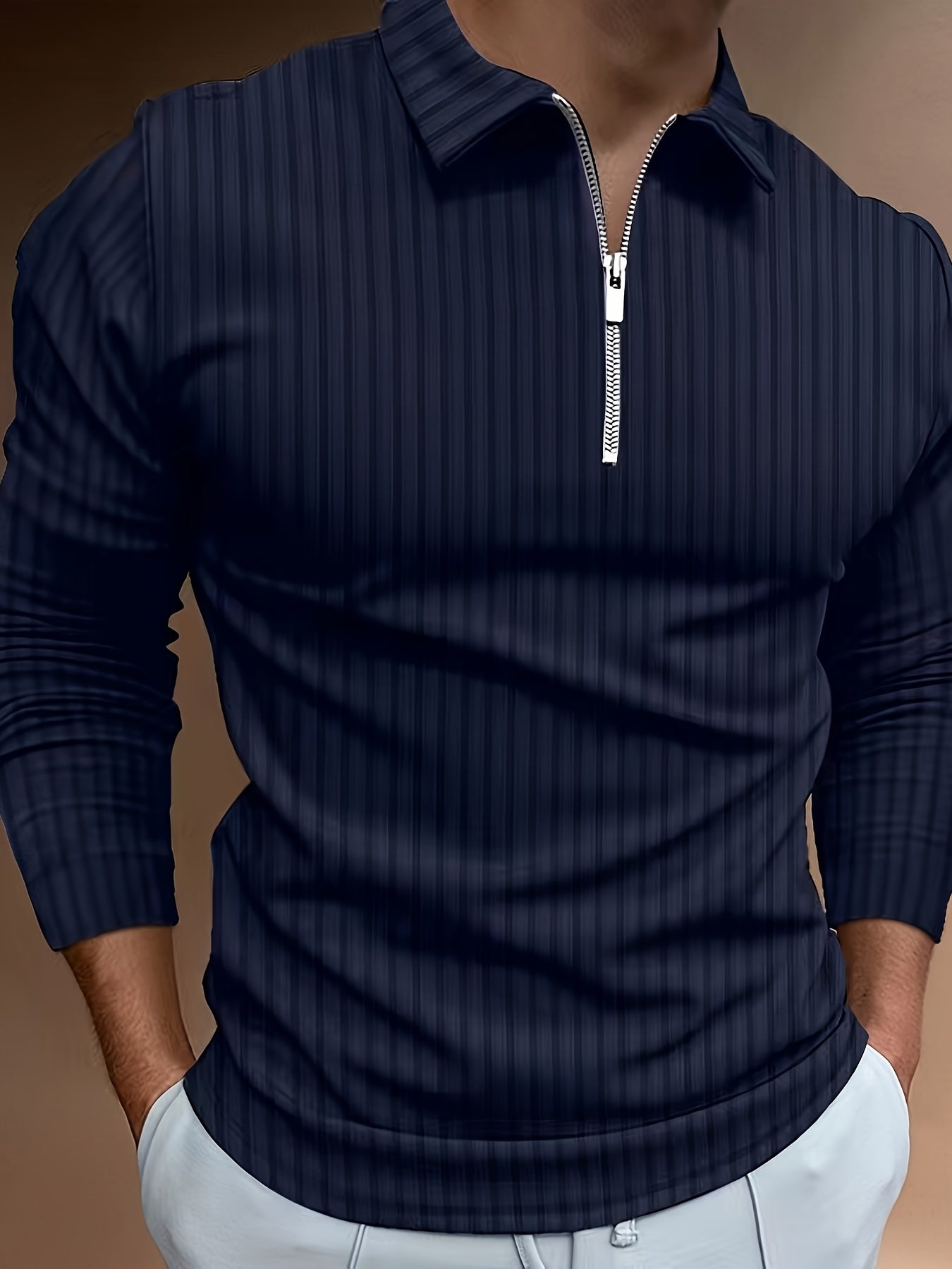 Men's Casual Sports Ribbed Long Sleeve Zipper Lapel Golf Shirt, Spring And Fall