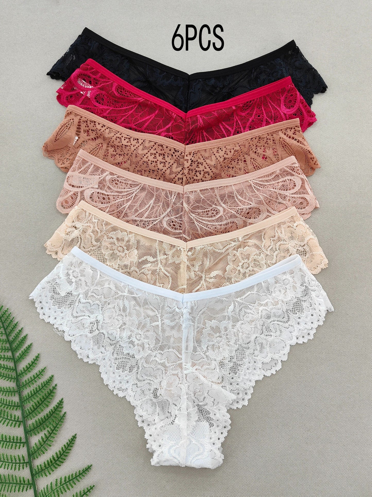 Set of 6 Women's Floral Lace Low-Rise Panties with Contrast Trim