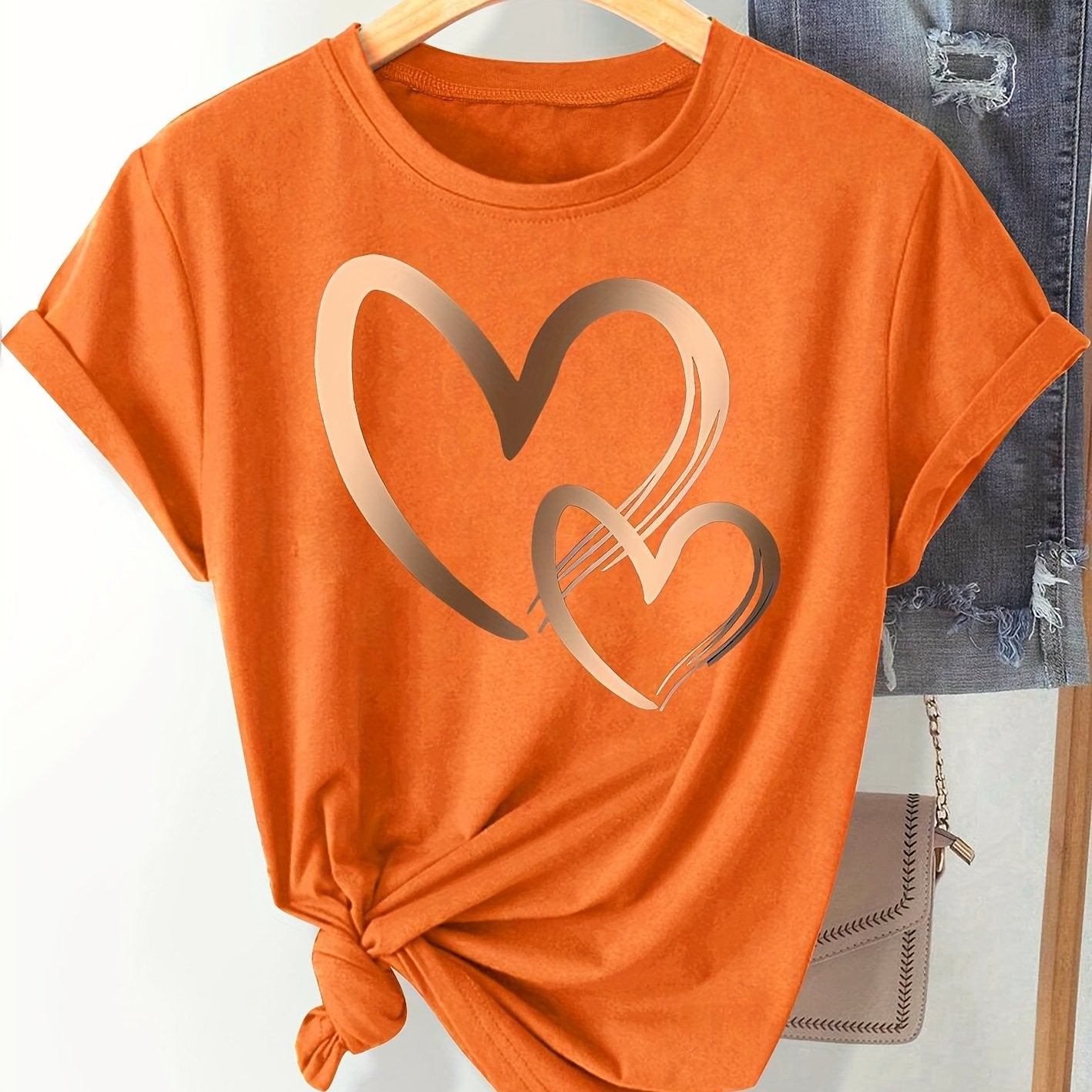 Chic Love Series Gradient Double Heart Graphic Tee for Women - Casual Retro Style, Round Neck Short Sleeve, Breathable Polyester, Machine Washable, in Black with Golden & White Hearts, Sizes S-XXL