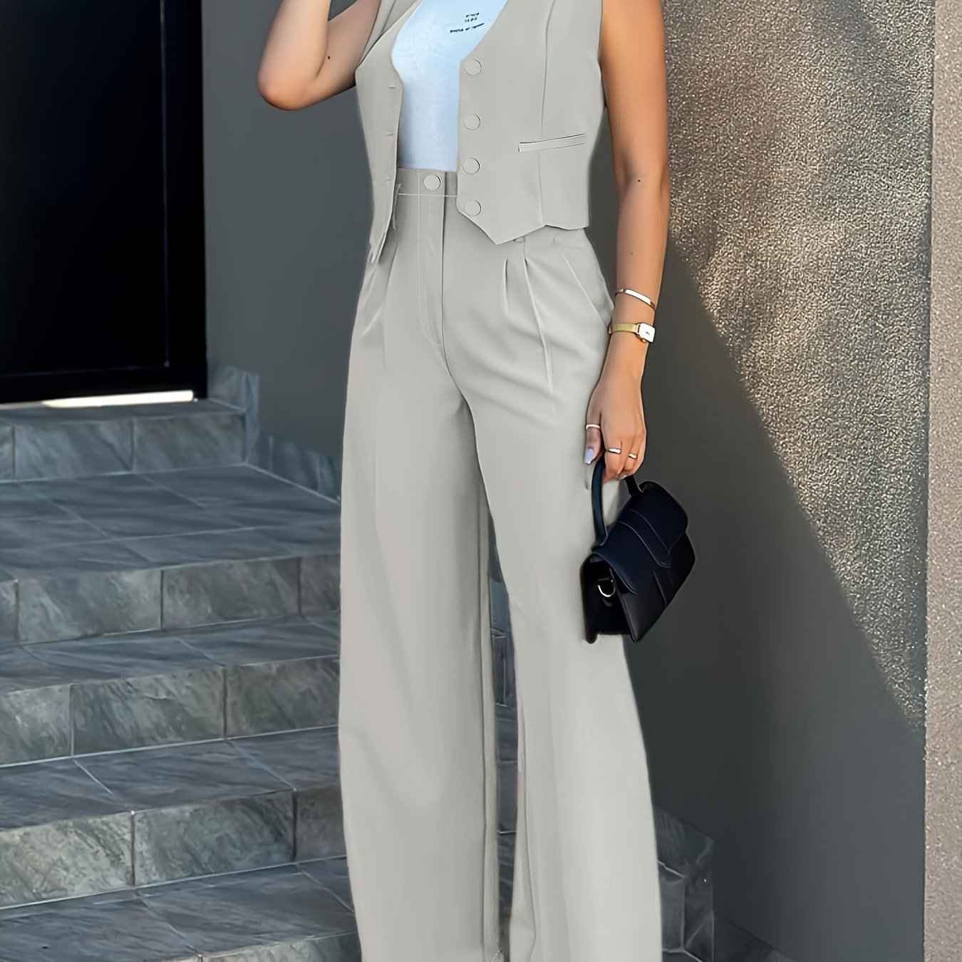Solid Color Stylish Pantsuits, Button Front Fake Pocket Sleeveless Vest & High Waist Pleated Pants Outfits, Women'S Clothing