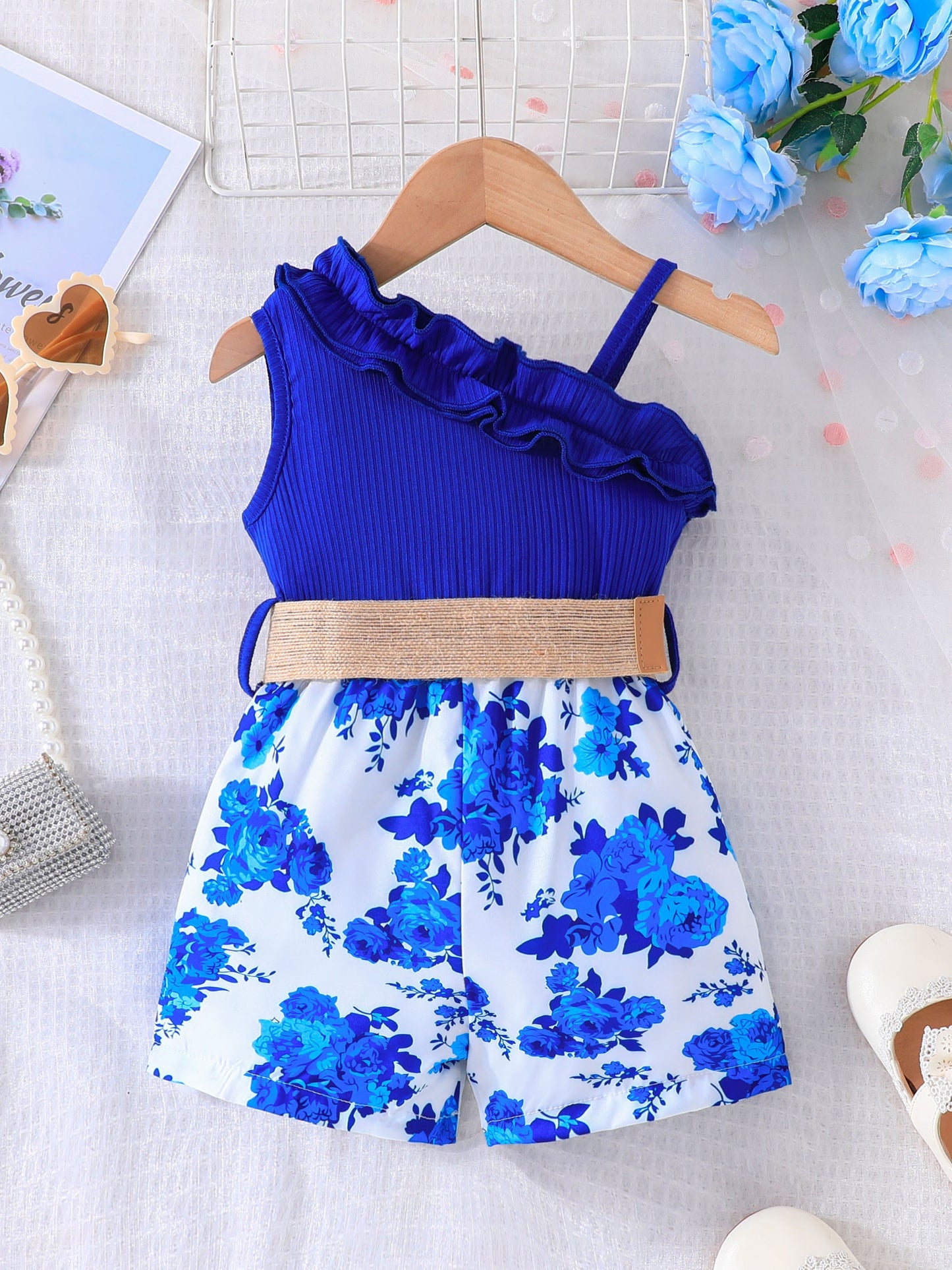 Baby's Vacation Style Flower Pattern Splicing One-Shoulder Romper With Belt, Toddler & Infant Girl's Bodysuit For Summer Daily & Outdoor Wear