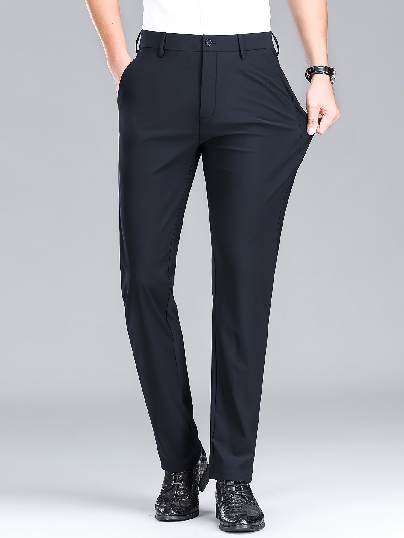 Men'S Navy Blue Straight Leg Dress Pants - Casual Style, Polyester Fabric with Slight Stretch, Mid Waist, Button Closure, No Belt, Regular Fit, Outdoor & Office Wear, Office Attire|Straight Leg Pants|Polyester Fabric