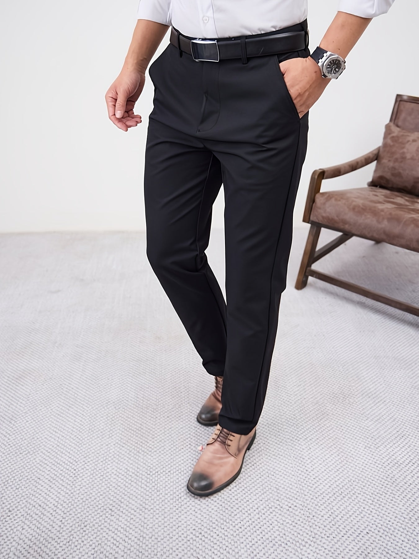 Men'S Casual Solid Color Regular Length Slight Stretch Woven Fabric Pants for Adult