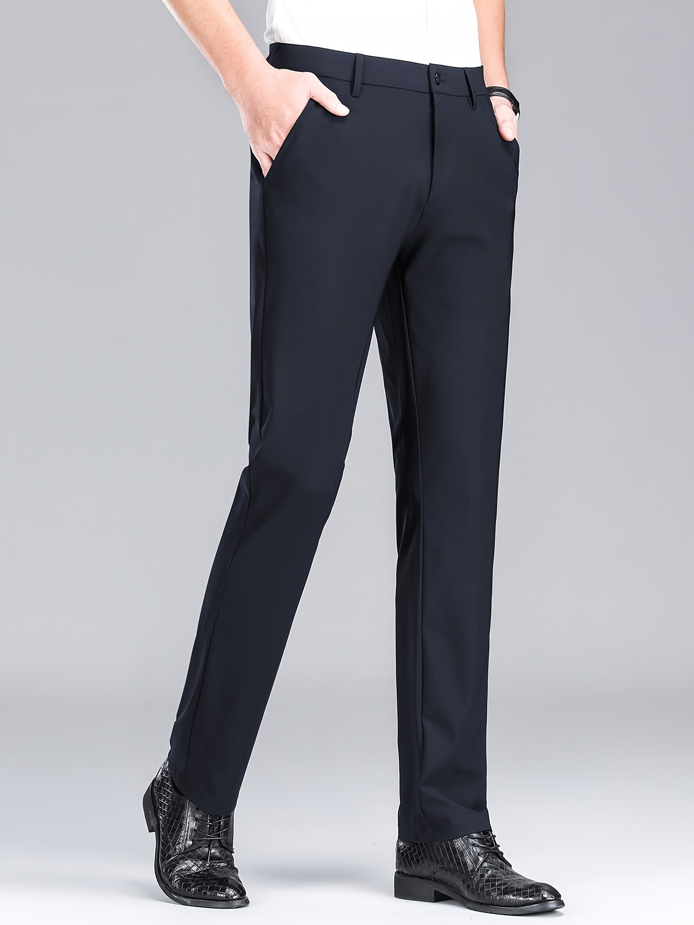 Men'S Navy Blue Straight Leg Dress Pants - Casual Style, Polyester Fabric with Slight Stretch, Mid Waist, Button Closure, No Belt, Regular Fit, Outdoor & Office Wear, Office Attire|Straight Leg Pants|Polyester Fabric