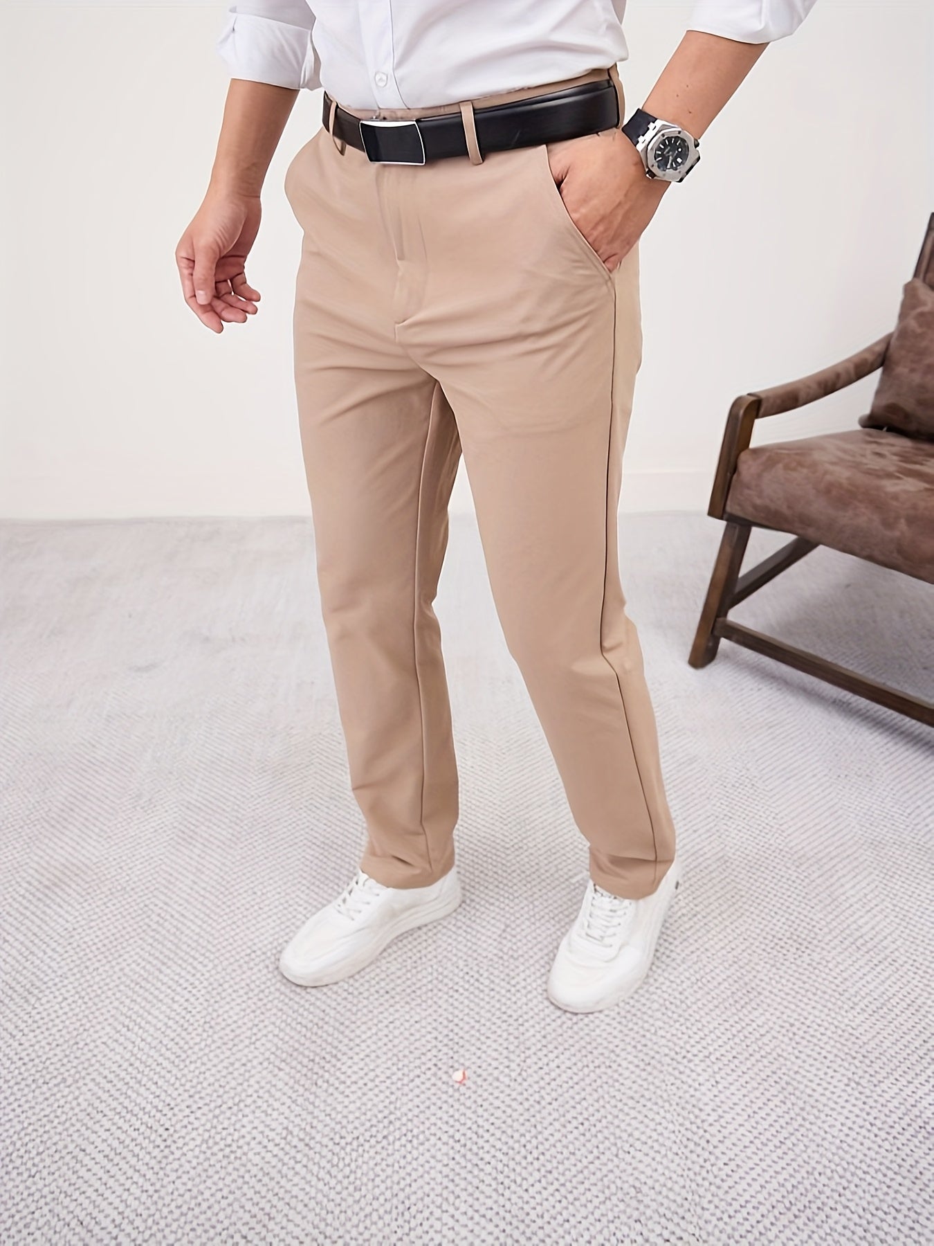 Men'S Casual Solid Color Regular Length Slight Stretch Woven Fabric Pants for Adult